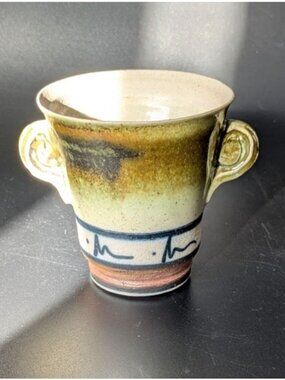 Studio Artisan Pottery Green Brown Glaze Cup 2 Handles Line Accent